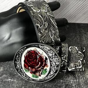 Black And Silver Engraved Rose Belt